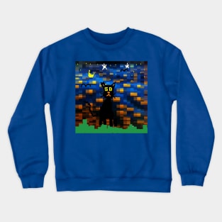 Pixel Night Cat Design on Blue Background Crewneck Sweatshirt